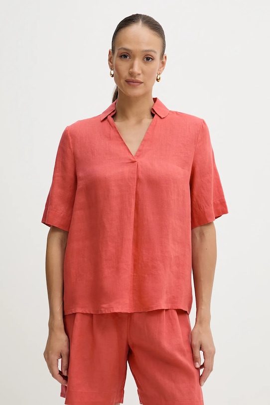 United Colors of Benetton bluză din in cu guler rosu 5BMLDQ0B6