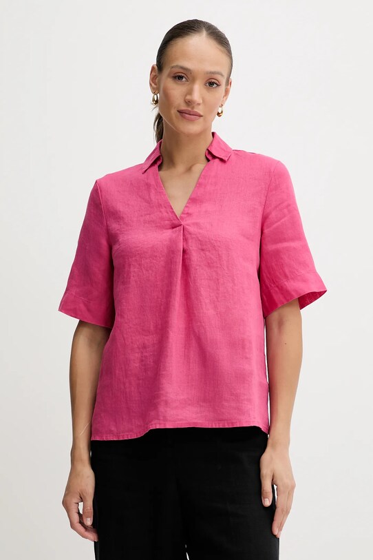 United Colors of Benetton bluză din in cu guler roz 5BMLDQ0B6