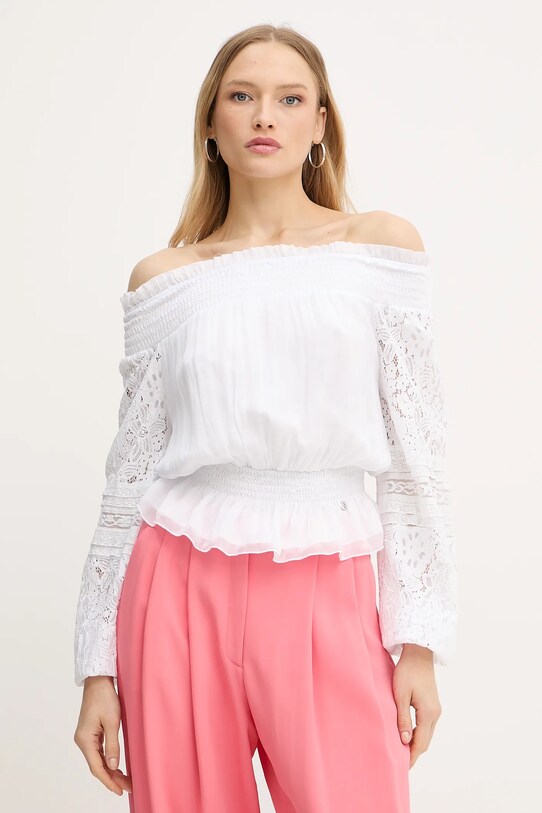 Μπλούζα με μείγμα μεταξιού Guess AUDREY μακρύ λευκό W5GH0S.WE550