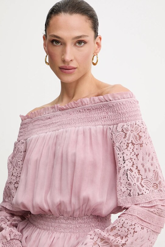 Guess bluzka z domieszką jedwabiu AUDREY różowy W5GH0S.WE550