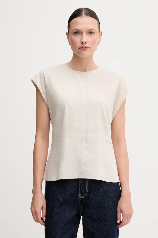 Calvin Klein bluzka lniana z elastanem beżowy LV044B120G