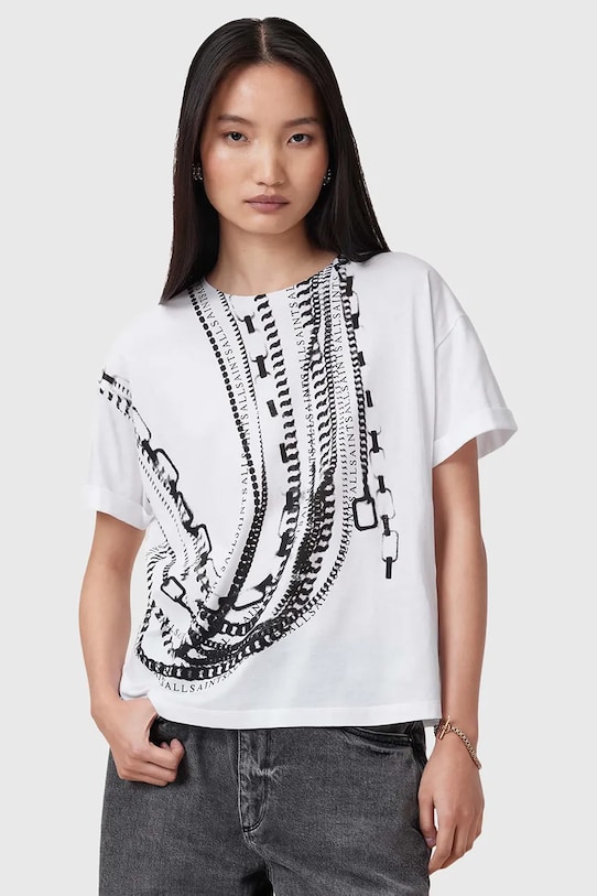 AllSaints bluza din bumbac METALLO print alb W039JC