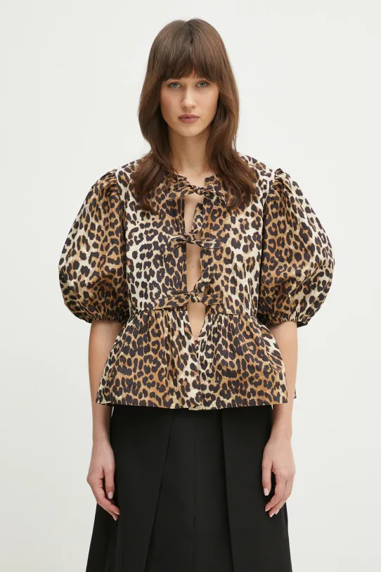 Хлопковая рубашка GANNI Printed Cotton Poplin Peplum casual коричневый F9116