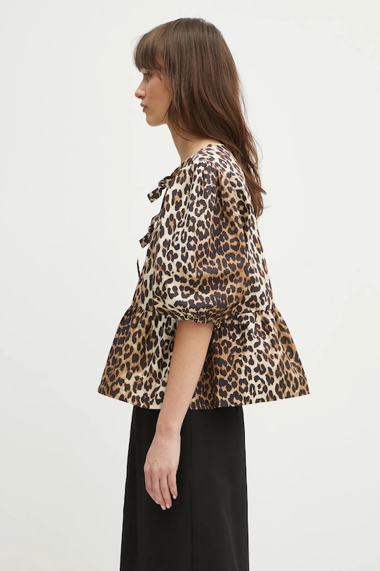 Хлопковая рубашка GANNI Printed Cotton Poplin Peplum F9116 коричневый AA00