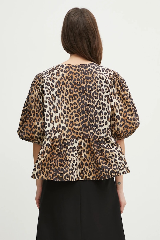 Одежда Хлопковая рубашка GANNI Printed Cotton Poplin Peplum F9116 коричневый