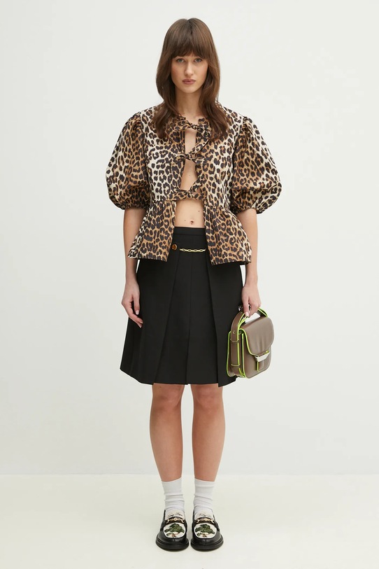 Хлопковая рубашка GANNI Printed Cotton Poplin Peplum F9116 коричневый