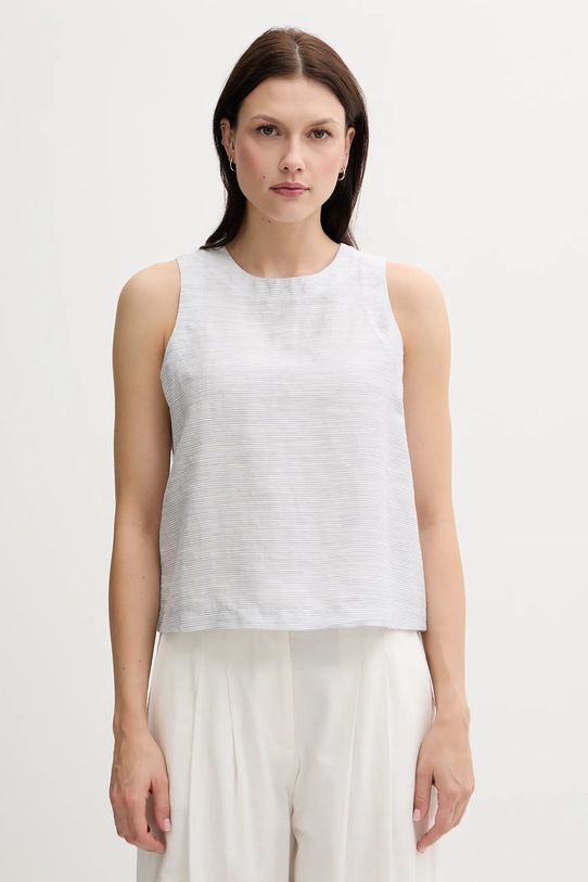 United Colors of Benetton bluză din amestec de in cu modele albastru 5YPVDQ0BL