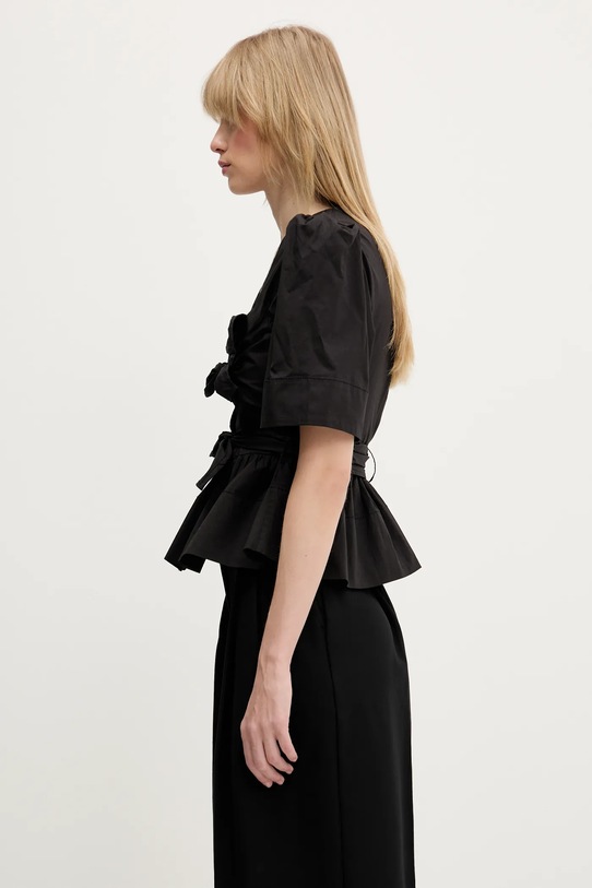 GANNI cotton blouse Washed Stretch Cotton Tie Strap W0378 black SS25