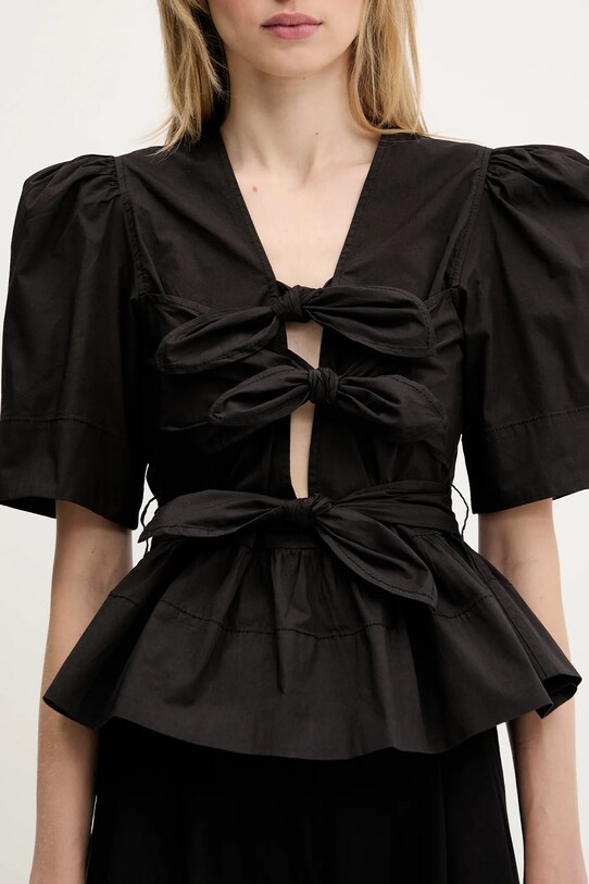 GANNI cotton blouse Washed Stretch Cotton Tie Strap black W0378