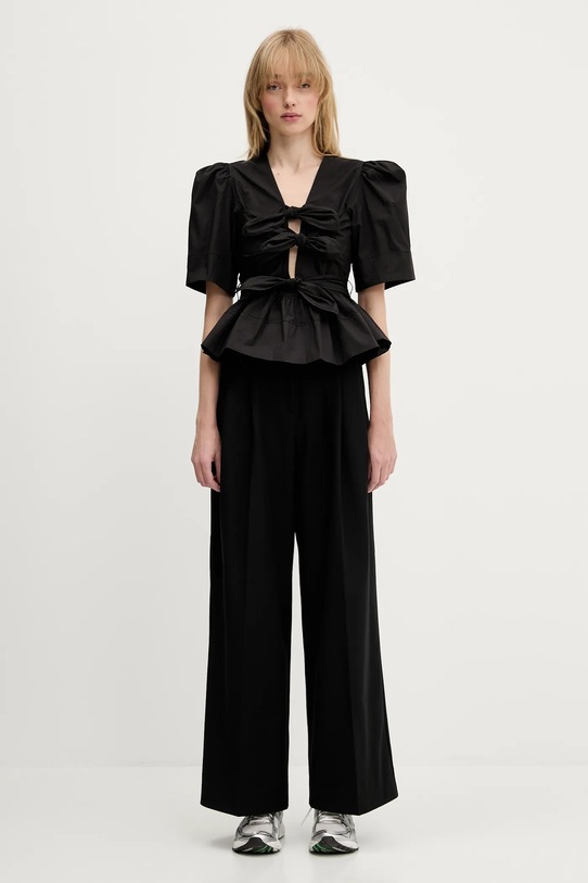 GANNI cotton blouse Washed Stretch Cotton Tie Strap W0378 black