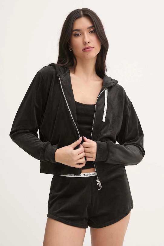 Μπλούζα πιτζάμας Juicy Couture LIV RIB VELOUR HOODIE πλεκτό ύφασμα μαύρο JCLBJ125503