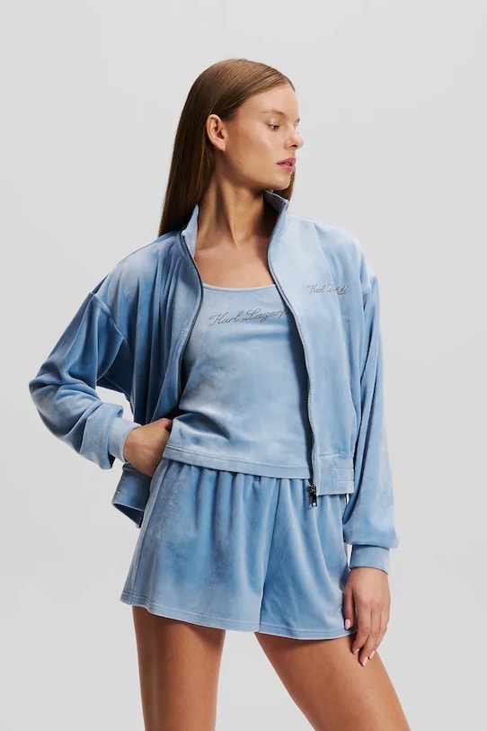 Karl Lagerfeld bluză din velur uni albastru A1W44005