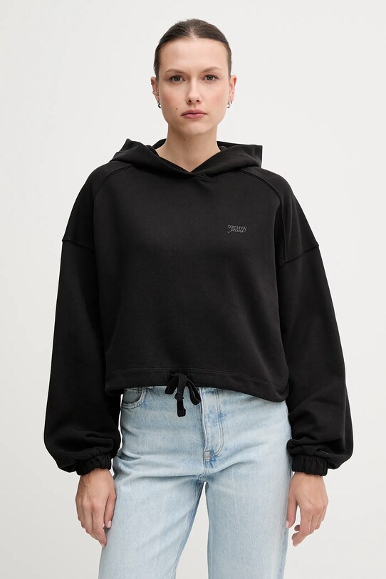 Bombažen pulover Tommy Jeans S kapuco črna DW0DW20314