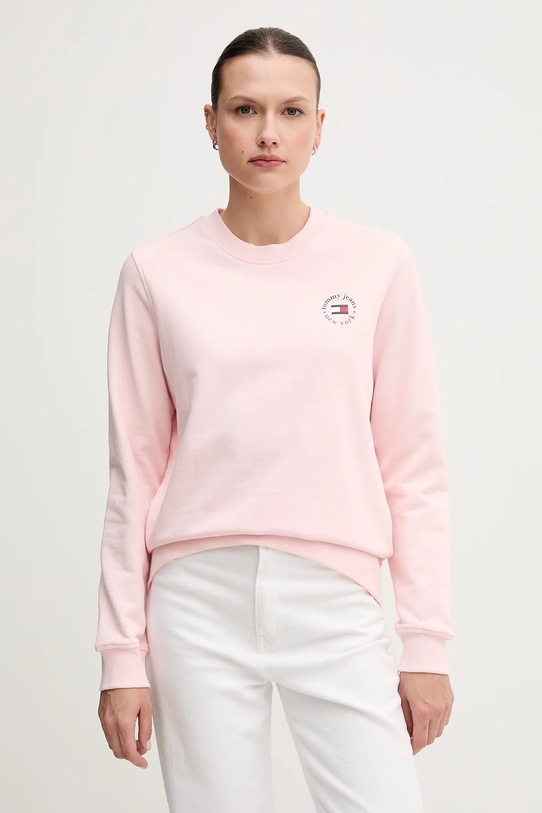 Bavlněná mikina Tommy Jeans bez kapuce růžová DW0DW20639