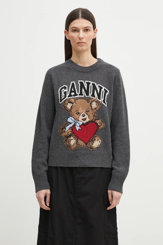 GANNI sweter Graphic Wool Mix Bear Crewneck okrągły szary K2370