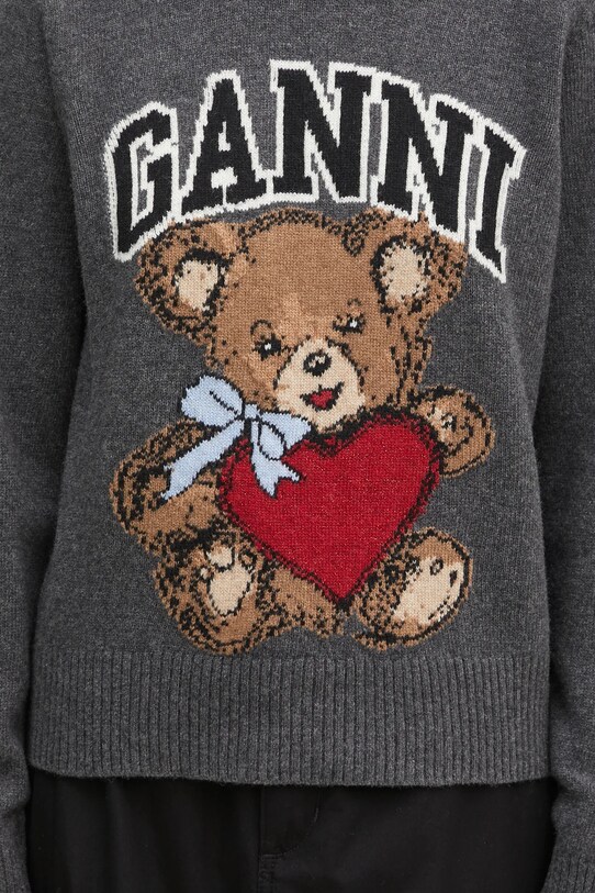GANNI sweter Graphic Wool Mix Bear Crewneck szary K2370