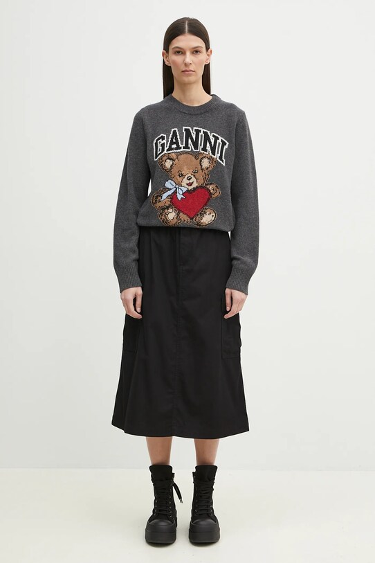 GANNI sweter Graphic Wool Mix Bear Crewneck K2370 szary