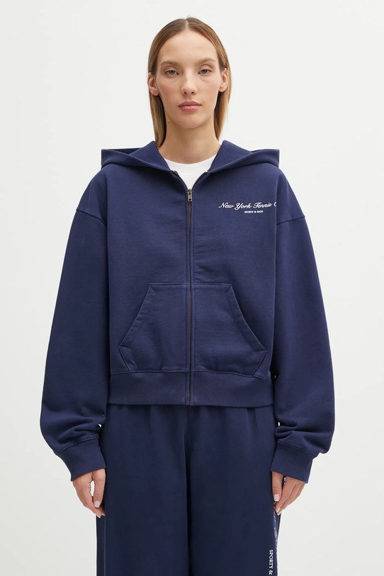 Sporty & Rich bluza bawełniana Ny Tennis Club Cropped Zip z kapturem granatowy ST068621402BL106