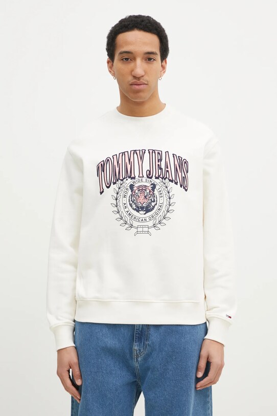 Bavlněná mikina Tommy Jeans bez kapuce béžová DM0DM20640