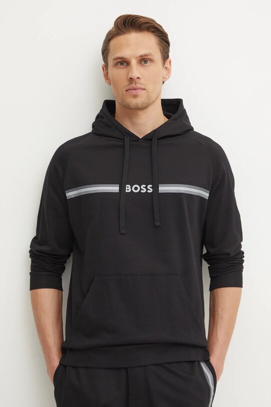 Бавовняна кофта лаунж BOSS з капюшоном чорний 50535854