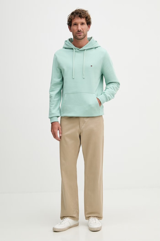 Tommy Hilfiger Μπλούζα με κουκούλα ανδρική βαμβακερή MW0MW37235 τιρκουάζ SS26