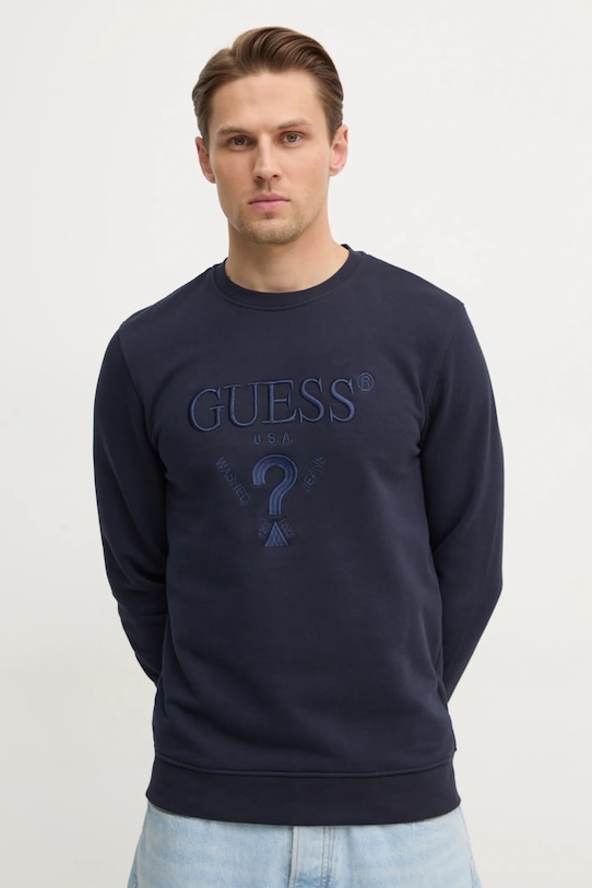 Dukserica Guess BEAU natpis mornarsko plava M5RQ08.KCN01