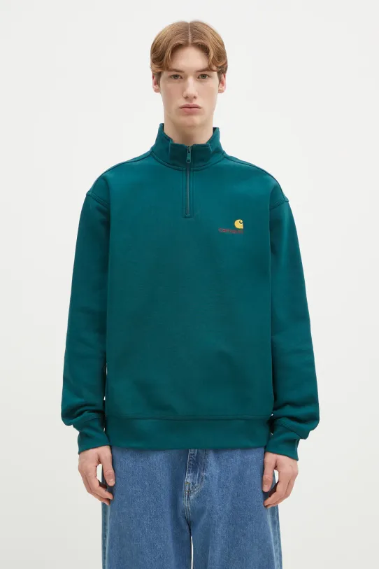 Суичър Carhartt WIP Half Zip American Script Sweat изчистен тюркоазен I027014.2M1XX