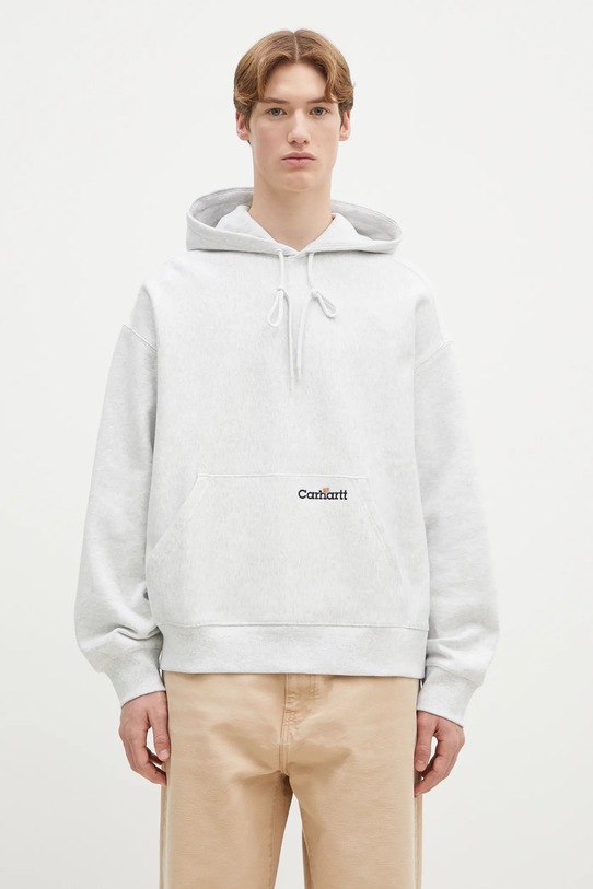Памучен суичър Carhartt WIP Hooded Label Script Sweat изчистен сив I034430.482XX