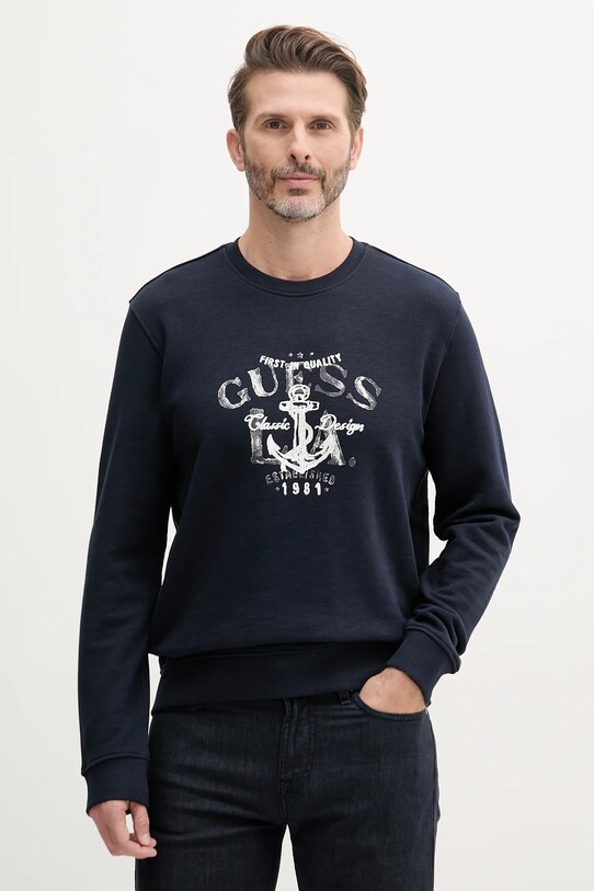 Bavlněná mikina Guess bez kapuce námořnická modř M5GQ07.KCS31