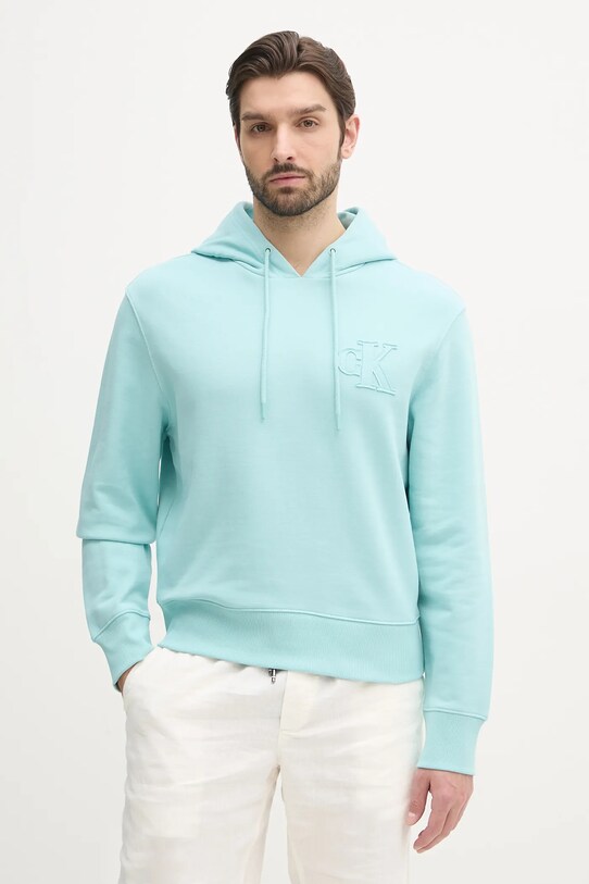 Bavlněná mikina Calvin Klein Jeans s kapucí tyrkysová J30J327245