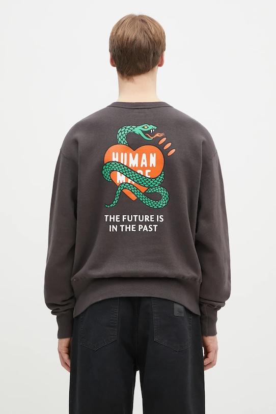 Βαμβακερή μπλούζα Human Made TSURIAMI SWEATSHIRT στάμπα καφέ HM29CS011