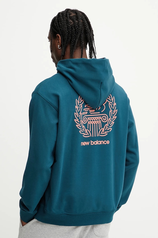 Bavlněná mikina New Balance s kapucí tyrkysová MT51979DOE
