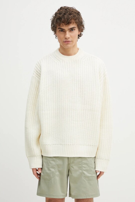 MKI MIYUKI ZOKU sweter z domieszką wełny Chunky Rib Knit Crewneck okrągły beżowy CHUNKY.RIB.KNIT.CREWNE.