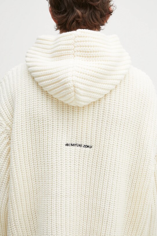 Пуловер с вълна MKI MIYUKI ZOKU Chunky Rib Knit Hoody бежов CHUNKY.RIB.KNIT.HOODY.O