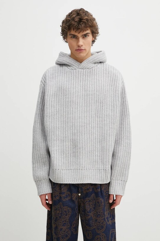 MKI MIYUKI ZOKU pulover din amestec de lana Chunky Rib Knit Hoody groase gri CHUNKY.RIB.KNIT.HOODY.G