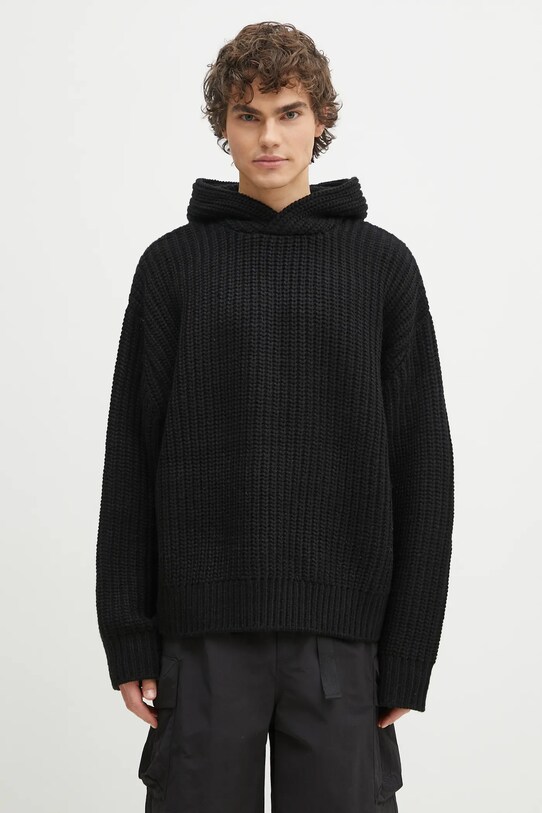 MKI MIYUKI ZOKU pulover din amestec de lana Chunky Rib Knit Hoody groase negru CHUNKY.RIB.KNIT.HOODY.B