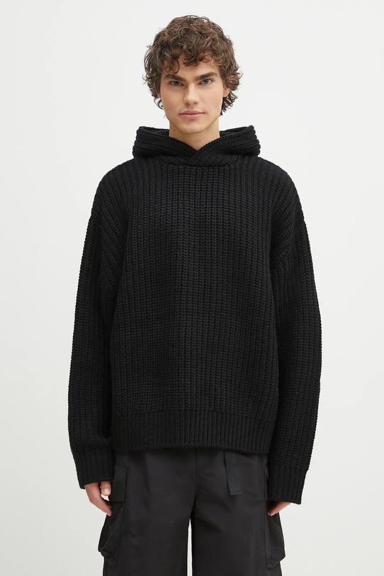 MKI MIYUKI ZOKU wool blend jumper Chunky Rib Knit Hoody chunky black CHUNKY.RIB.KNIT.HOODY.B