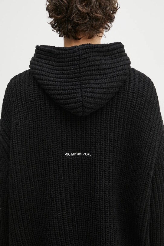 Пуловер с вълна MKI MIYUKI ZOKU Chunky Rib Knit Hoody черен CHUNKY.RIB.KNIT.HOODY.B