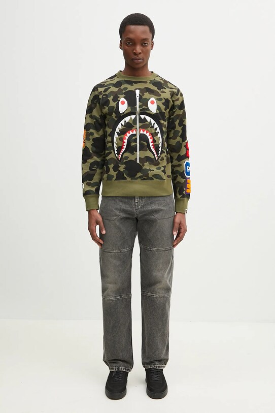 Pamučna dukserica A Bathing Ape 1St Camo Shark Crewneck 1K80113010 zelena