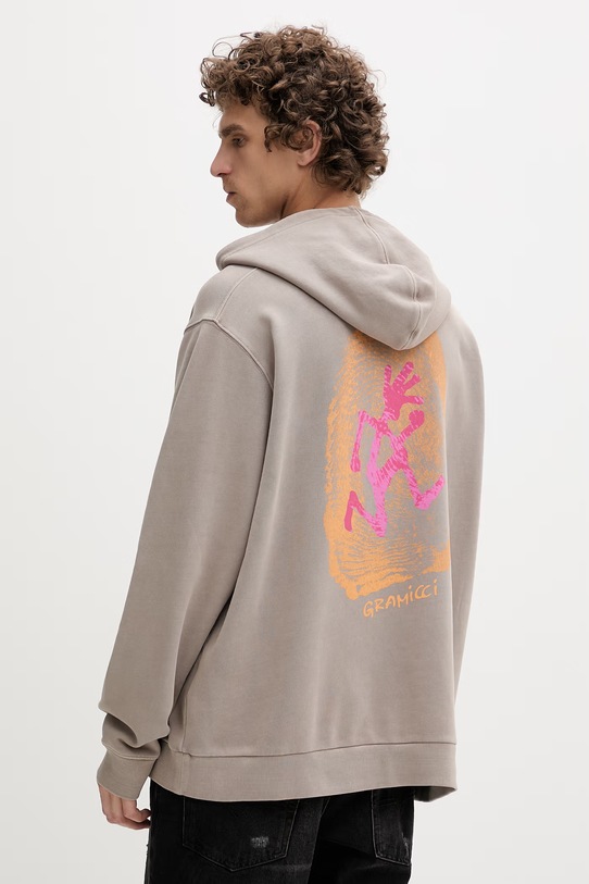 Gramicci μπλούζα ανδρική βαμβακερή Thumbprint Hooded Sweatshirt στάμπα μπεζ G5SU.J109
