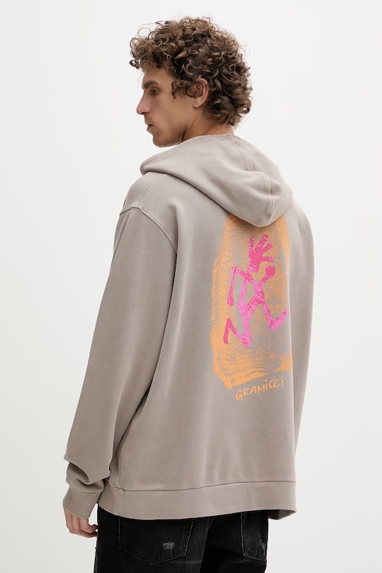 Gramicci μπλούζα ανδρική βαμβακερή Thumbprint Hooded Sweatshirt στάμπα μπεζ G5SU.J109