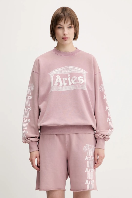 Памучен суичър Aries Aged Ancient Column Sweat AR2003303 розов SS25