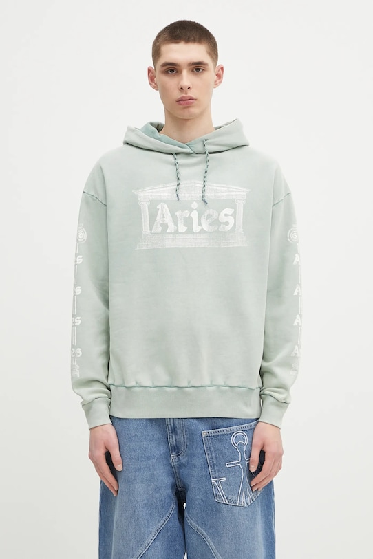 Памучен суичър Aries Aged Ancient Column Hoodie надпис тюркоазен AR2003503