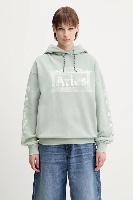 Памучен суичър Aries Aged Ancient Column Hoodie AR2003503 тюркоазен SS25