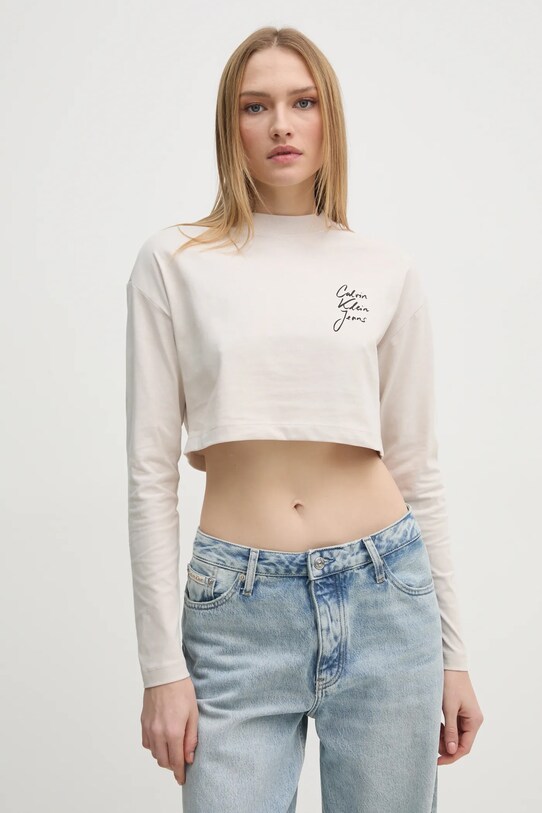 Βαμβακερή μπλούζα με μακριά μανίκια Calvin Klein Jeans μπεζ J20J224991