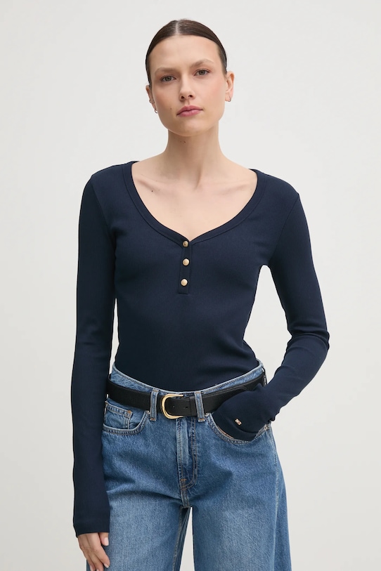 Tričko s dlouhým rukávem Tommy Hilfiger pruhy námořnická modř WW0WW43905