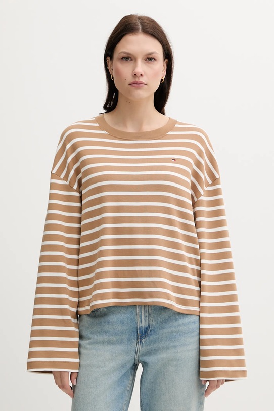 Bombažna majica z dolgimi rokavi Tommy Hilfiger Okrogel bež WW0WW45519