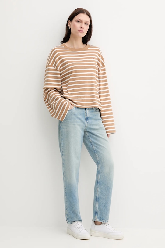 Bavlnené tričko s dlhým rukávom Tommy Hilfiger WW0WW45519 béžová SS25