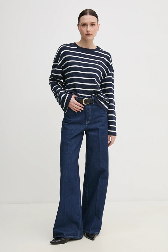 Bavlněné tričko s dlouhým rukávem Tommy Hilfiger WW0WW45519 námořnická modř SS25