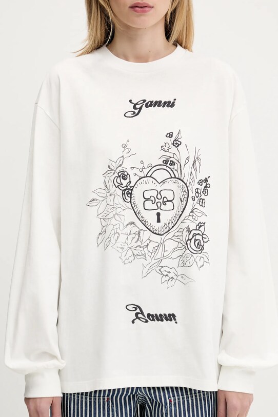 GANNI longsleeve din bumbac Re-cut Heavy Jersey Charm alb T4139
